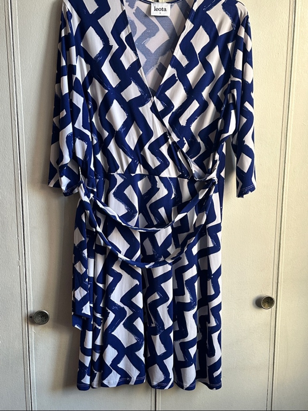 Leota Blue & White Geometric Faux Wrap Dress